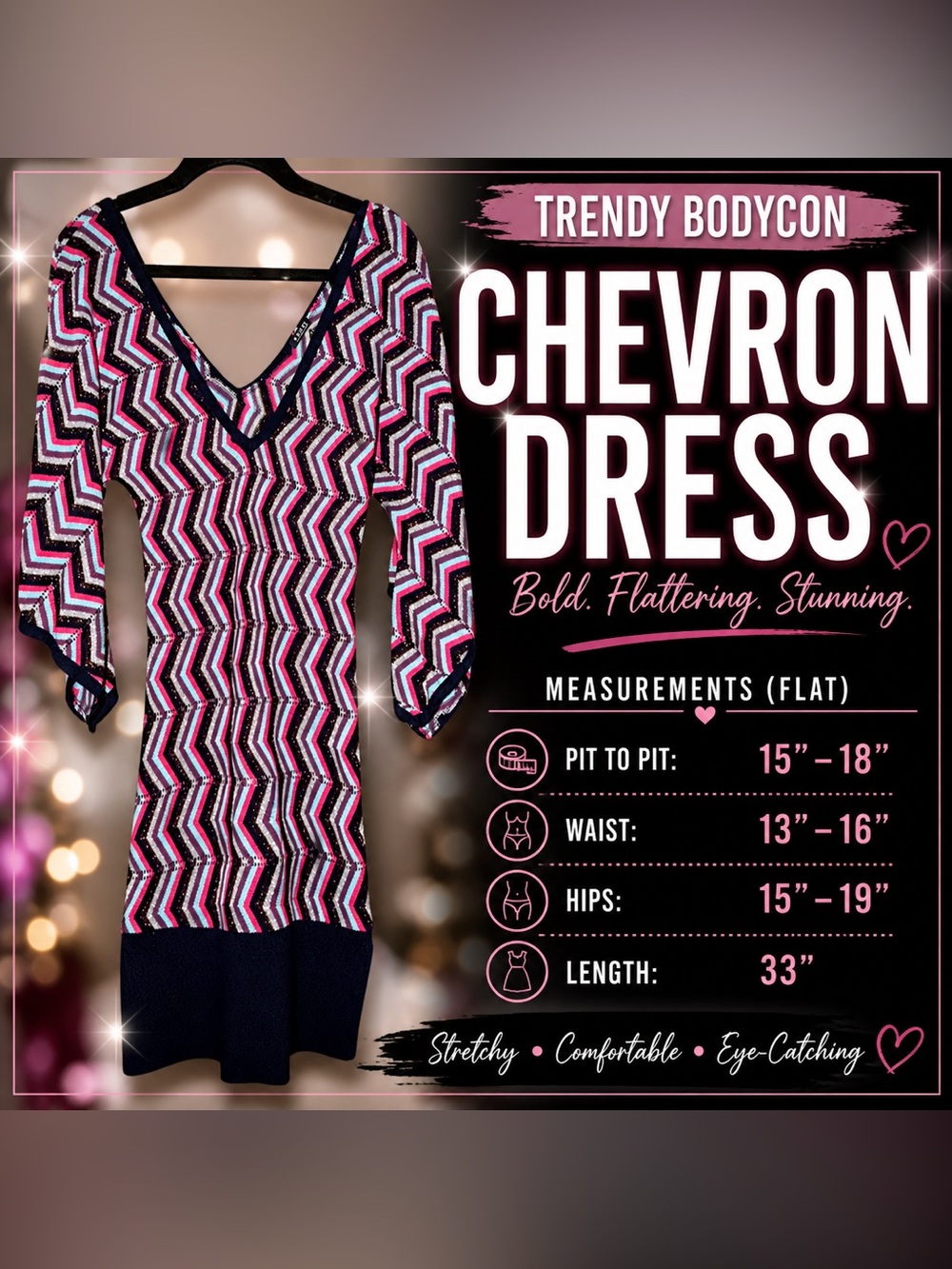 ENTI Chevron Knit Bodycon Dress Pink Blue Black | Size Small Stretch Party Dress